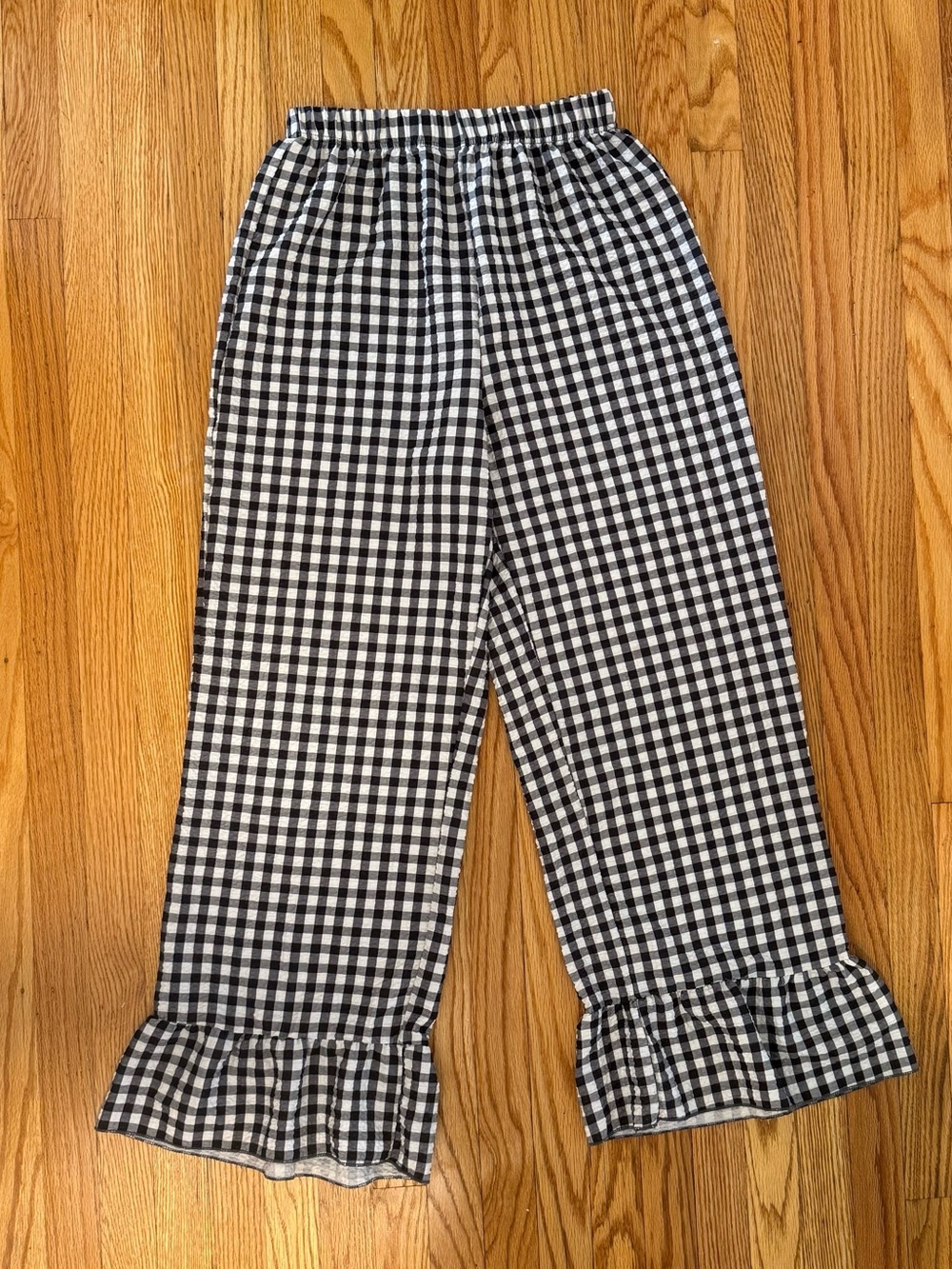 SHEIN Black and White Gingham Wide Leg Ruffle Hem Pants